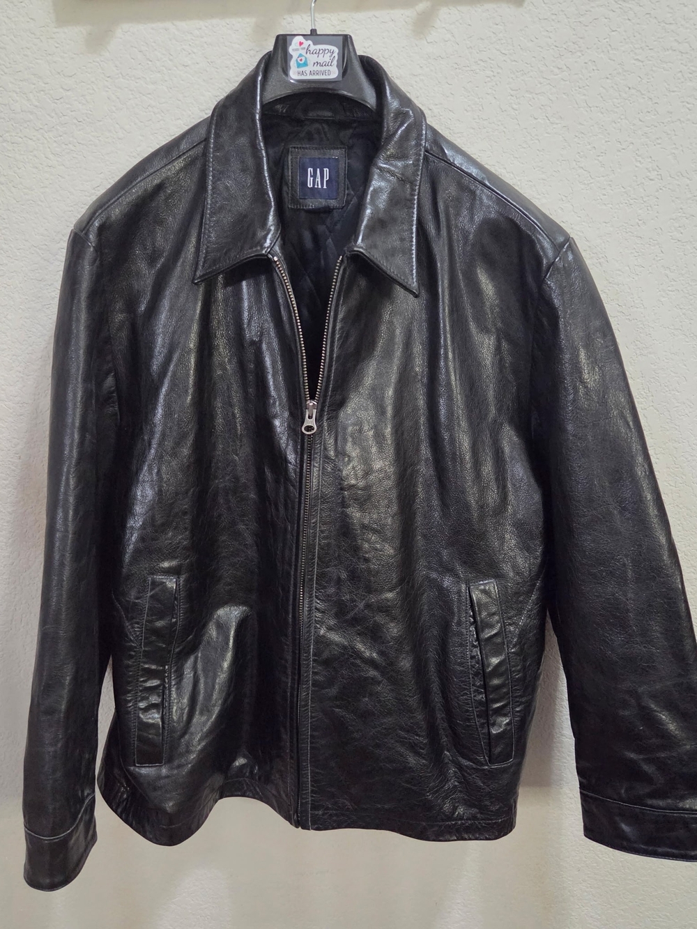 GAP Black Leather Bomber Jacket with Zip Front